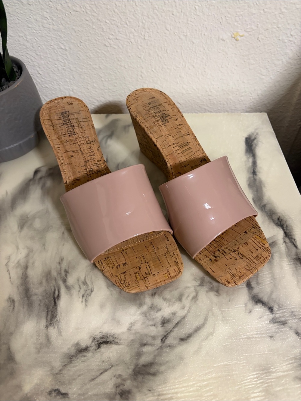 Womens Pink Cork Wedge Slide Heels